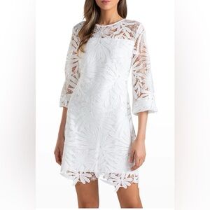 Shoshanna White Floral V-Neck Lace Long Sleeve Dress